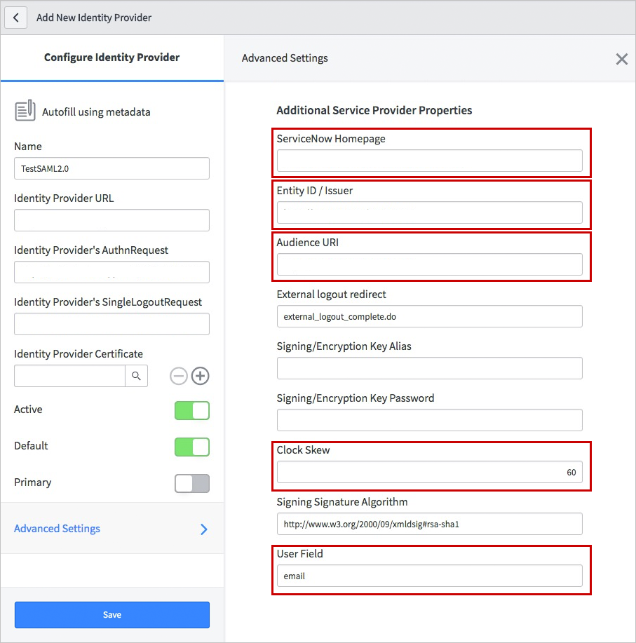 Screenshot: Dialogfeld „Add New Identity Provider“ (Neuen Identitätsanbieter hinzufügen) mit verschiedenen hervorgehobenen Eigenschaften