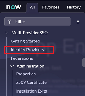 Screenshot: Abschnitt „Multi-Provider SSO“ (Multi-Provider-SSO) mit Hervorhebung von „Identity Providers“ (Identitätsanbieter)