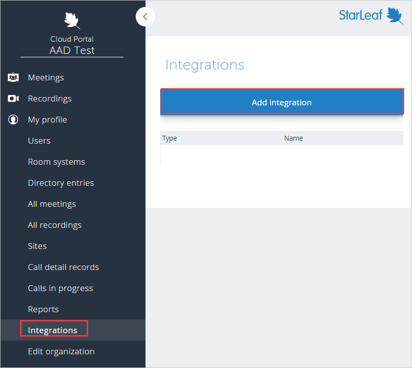 Screenshot der StarLeaf-Administratorkonsole mit den aufgerufenen Optionen „Integrations“ und „Add integration“