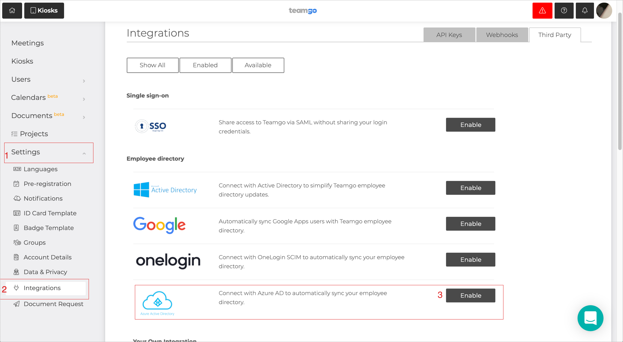 Registerkarte „Integrations“ (Integrationen)