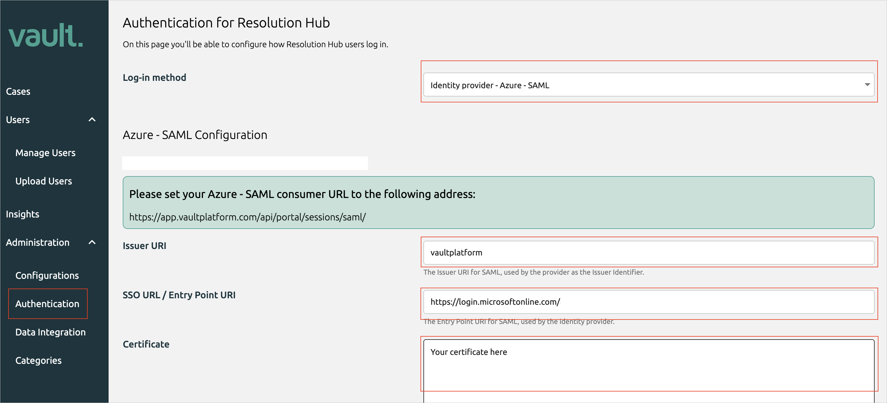 Screenshot: Seite für VaultPlatform-Authentifizierung.