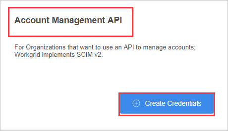 Screenshot des Abschnitts „Account Management API“ (Kontoverwaltungs-API) mit hervorgehobener Option „Create Credentials“ (Anmeldeinformationen erstellen).