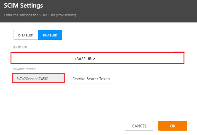 Screenshot des Dialogfelds „SCIM Settings“ (SCIM-Einstellungen), in dem die Textfelder „BASE URL“ (Basis-URL) und „BEARER TOKEN“ (BEARERTOKEN) hervorgehoben sind.