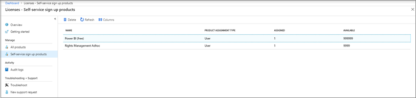 Screenshot einer Liste von Produkten mit Self-Service-Registrierung.