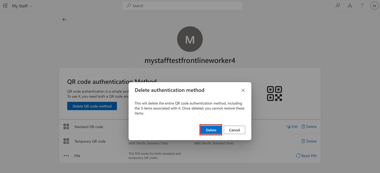 Screenshot that shows how to confirm deletion of the QR code authentication method in My Staff.