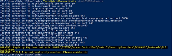 Beispielausgabe von Test-HybridConnectivity.