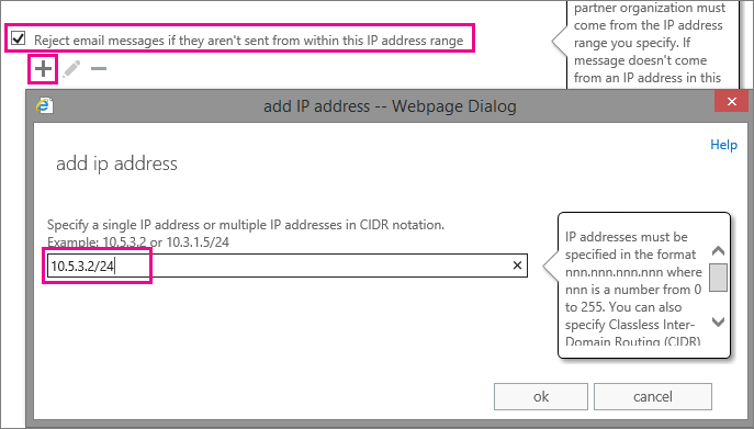 Screenshot: Eingeben des IP-Adressbereichs Ihres Partners organization