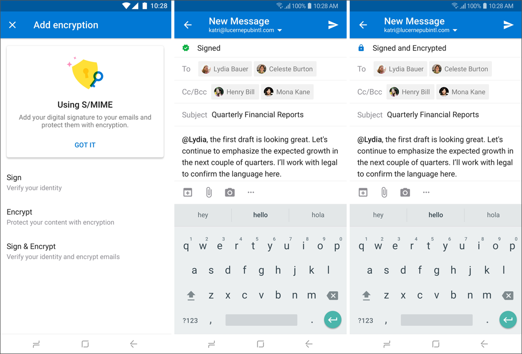 Screenshots der S/MIME-Optionen von Outlook für Android.