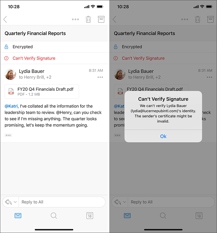 Screenshot: Outlook für iOS-Zertifikatfehler bei empfangener Nachricht.