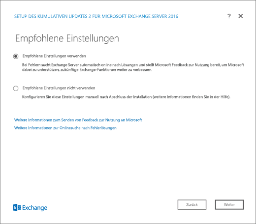 Exchange-Setup – Seite „Empfohlene Einstellungen“.