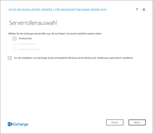 Exchange-Setup – Seite „Auswahl von Serverrollen, Auswahl „Postfachrolle“.