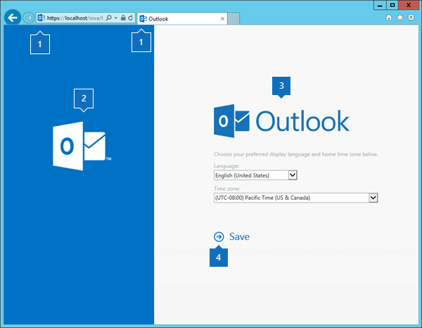 Outlook im Web Sprachauswahlseite mit Elementbeschriftungen.