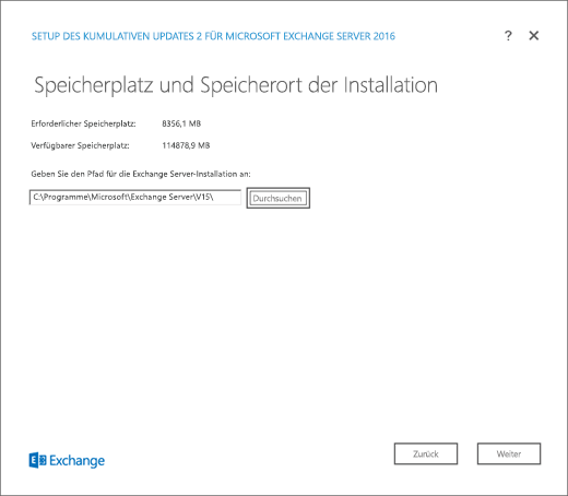 Exchange-Setup – Seite „Speicherplatz und Speicherort der Installation“.