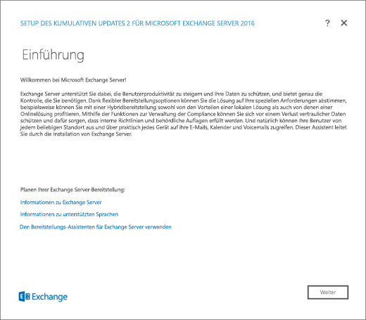 Exchange-Setup – Seite „Einführung“.