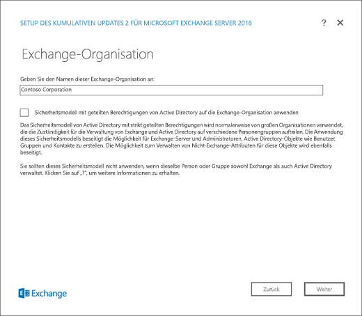 Exchange-Setup – Seite „Exchange-Organisation“.