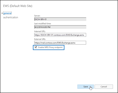 Wählen Sie im EAC in den Eigenschaften des virtuellen EWS-Verzeichnisses auf der Registerkarte Allgemein die Option MRS-Proxyendpunkt aktivieren aus.