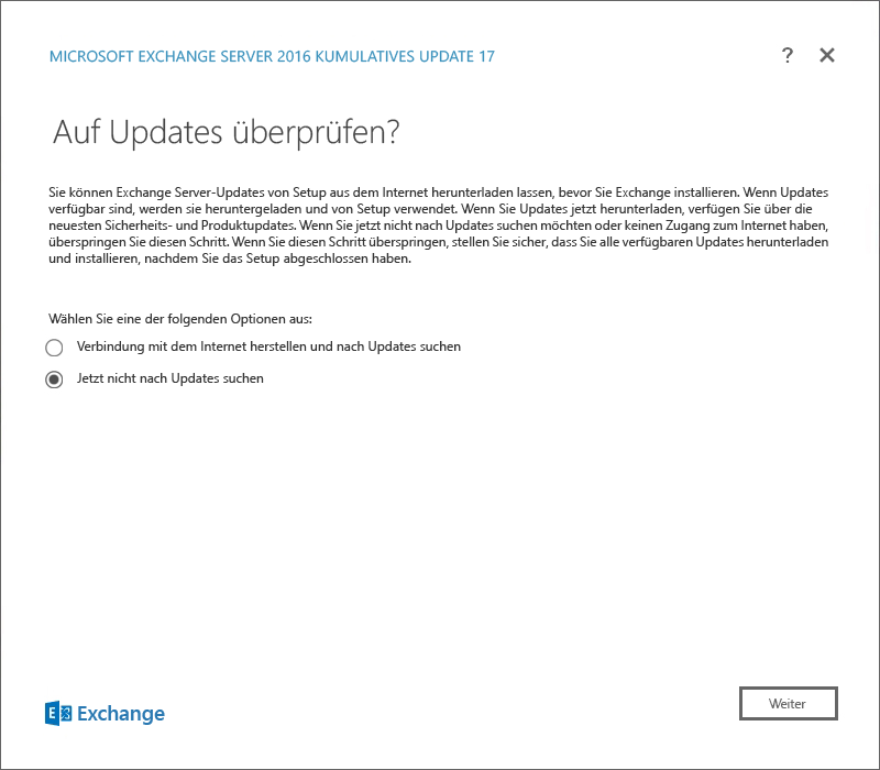 Exchange-Setup – Seite „Nach Updates suchen“.