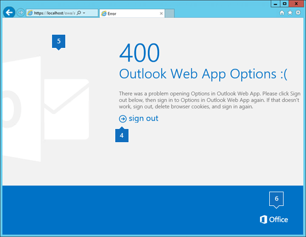 Outlook im Web Fehlerseite mit Elementbeschriftungen.