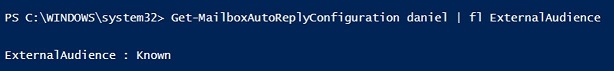 Screenshot der Überprüfung der OOF-Antwortkonfiguration mithilfe von PowerShell.