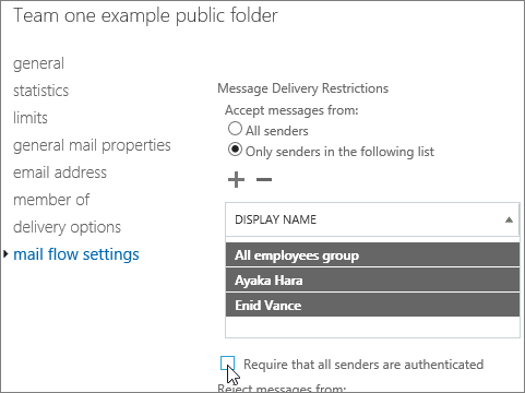 Screenshot der liste der benutzerdefinierten zulässigen Absender für einen öffentlichen Ordner.