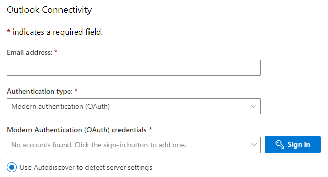 Screenshot des Formulars „Outlook-Verbindung“ mit den erforderlichen Feldern für „E-Mail-Adresse“, „Authentifizierungstyp“ und „Anmeldeinformationen“.