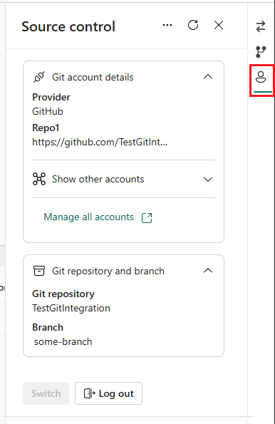 Screenshot der Registerkarte Konten in der Systemsteuerung Quellcodeverwaltung mit den Git-Details und Repository- und Branch-Namen.