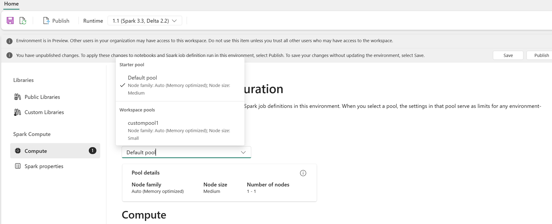 Screenshot, der zeigt, wo Pools im Abschnitt „Compute“ der Umgebung ausgewählt werden sollen.