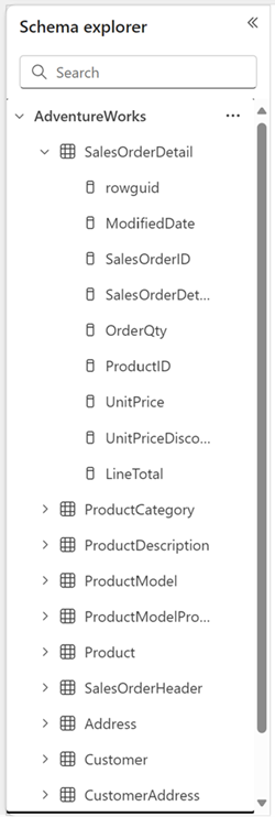 Screenshot des Schemaexplorer-Bereichs, der die erweiterte Liste der unter einer Beispieldatenquelle namens SalesOrderDetail verfügbaren Typen zeigt.