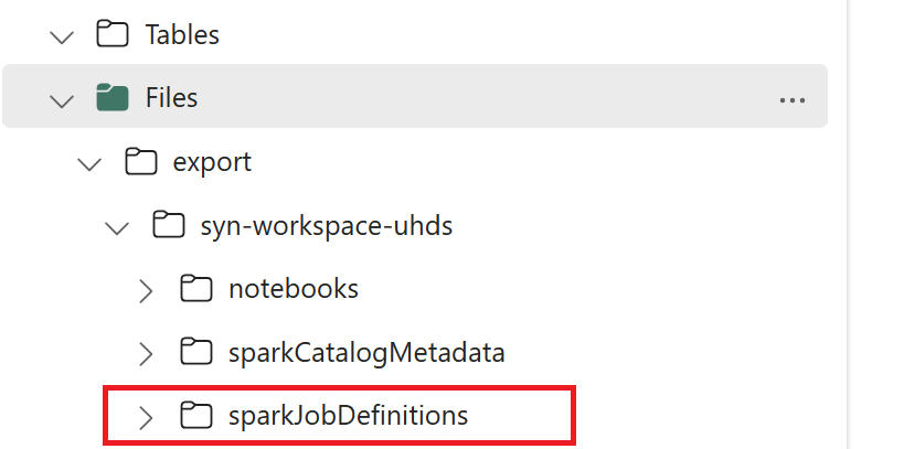 Screenshot des Exports von Spark-Auftragsdefinitionen in OneLake.