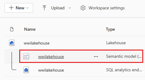 Screenshot: Standardmäßiges Semantikmodell, das beim Erstellen des neuen Lakehouse erstellt wurde.