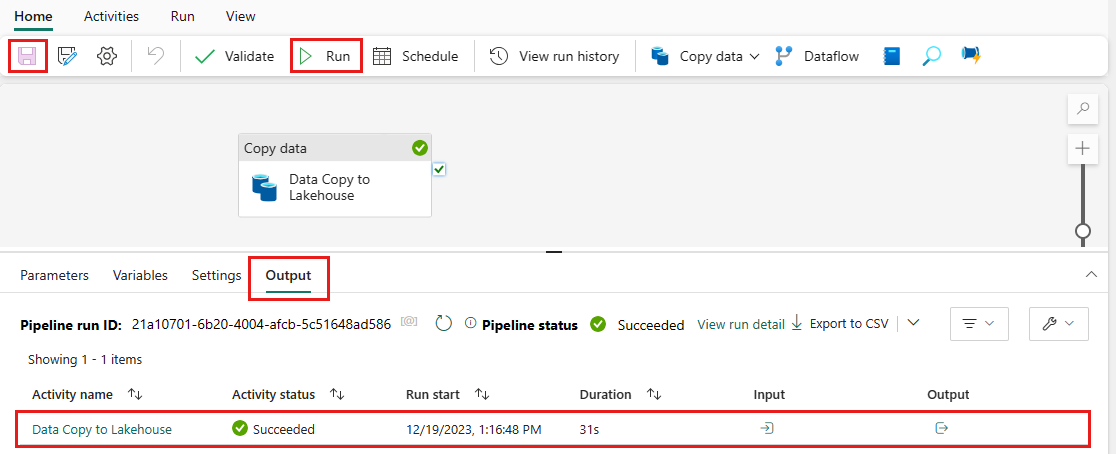 Screenshot: Auswählen von „Speichern“ und „Ausführen“ sowie Ausführungsdetail und Brillensymbol auf der Registerkarte „Ausgabe“