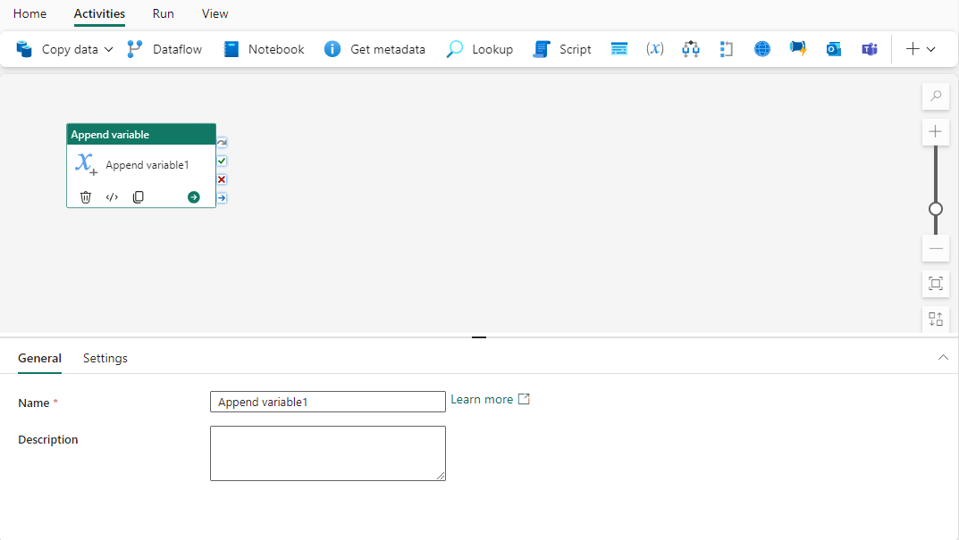 Screenshot showing the General settings tab of the "Append Variable" activity.