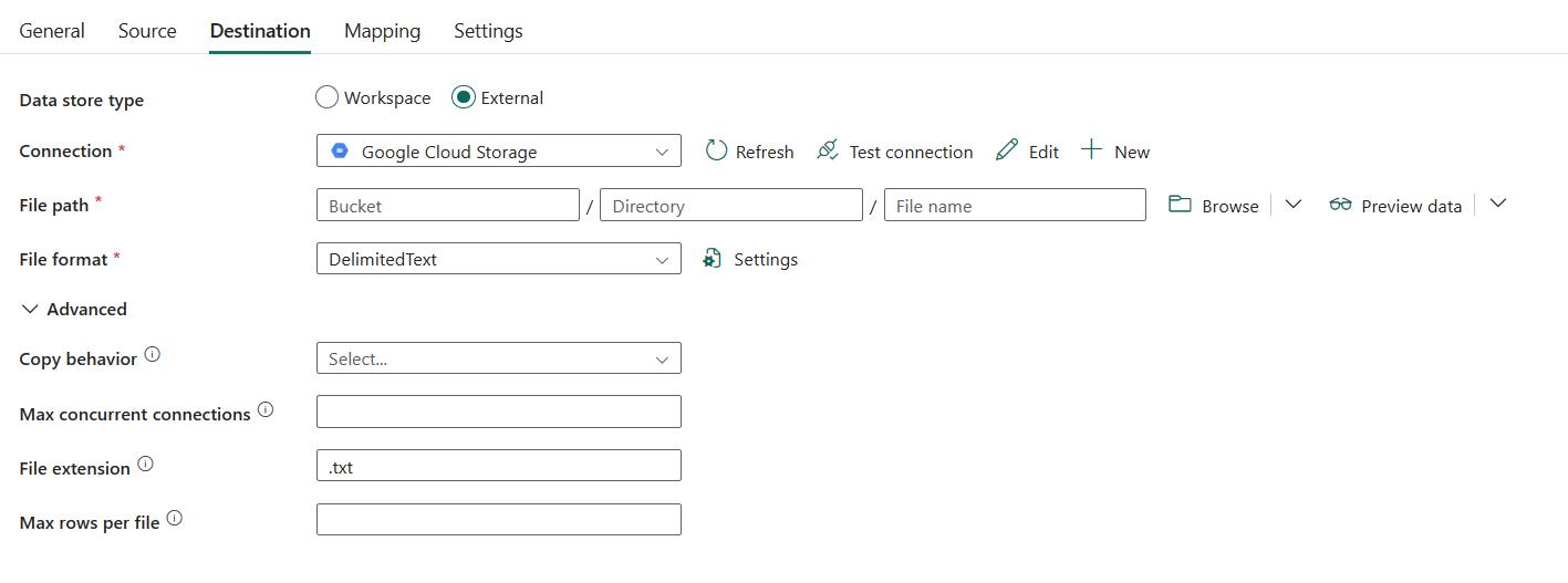 Screenshot der Registerkarte „Ziel“ mit der Liste der Eigenschaften