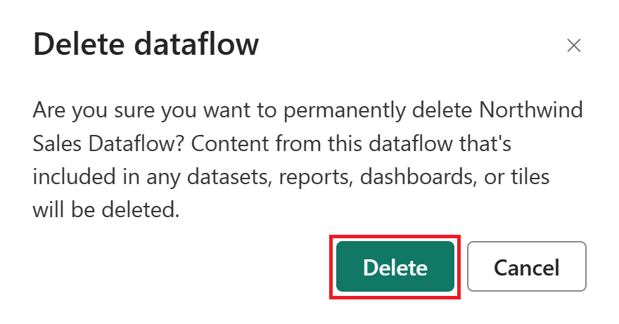 Screenshot: Fenster „Dataflow löschen“ mit hervorgehobener Schaltfläche „Löschen“