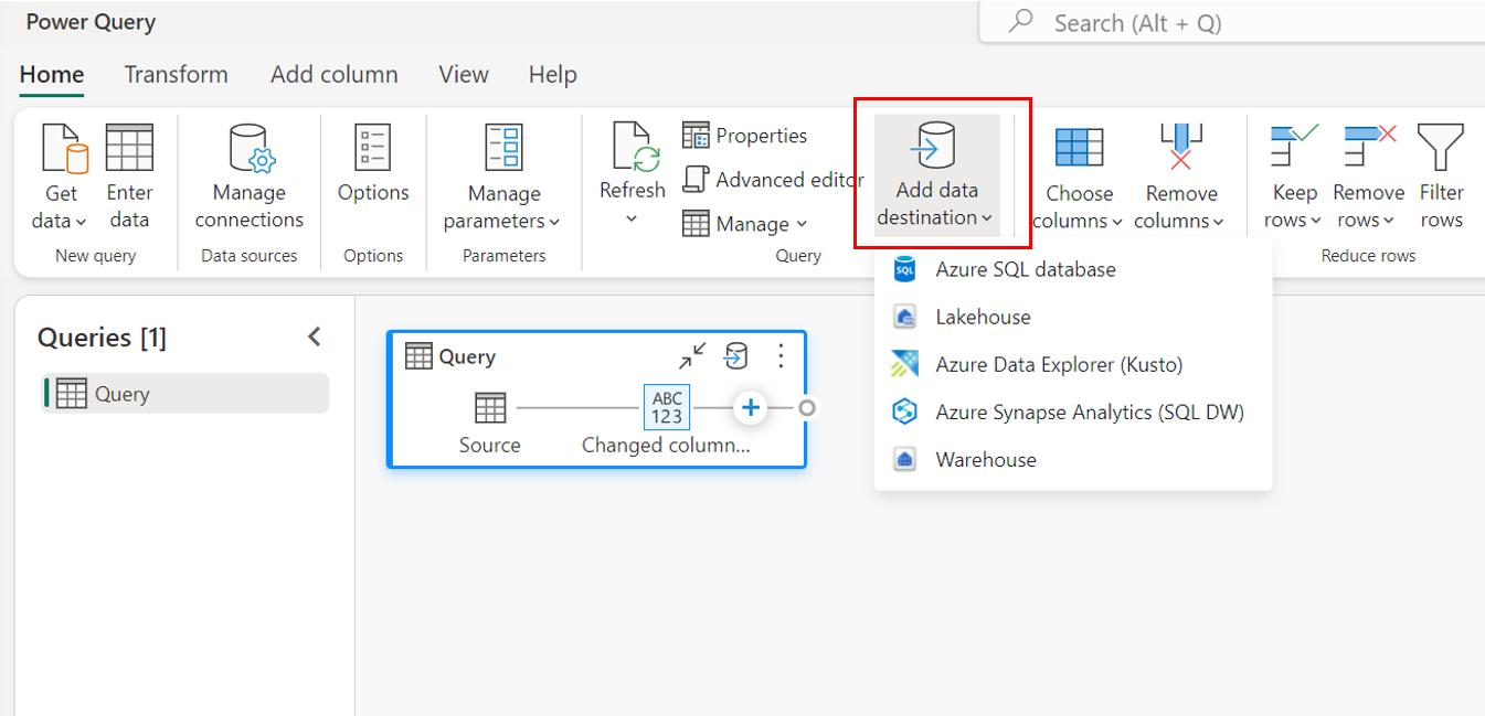 Screenshot der Multifunktionsleiste auf der Registerkarte Power Query Home mit hervorgehobenem Datenziel hinzufügen.