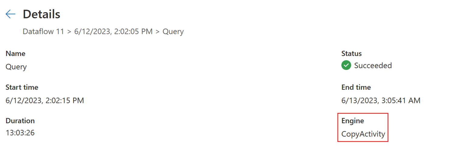 Screenshot mit den Aktualisierungsdetails, der anzeigt, dass die Pipeline CopyActivity Engine verwendet wurde.