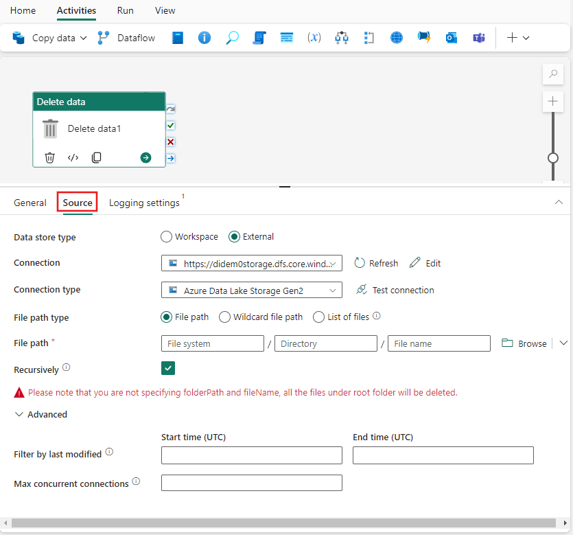 Screenshot der hervorgehobenen Registerkarte für die Löschaktivität für Daten, und Hervorhebung für die Erstellung einer neuen Verbindung.