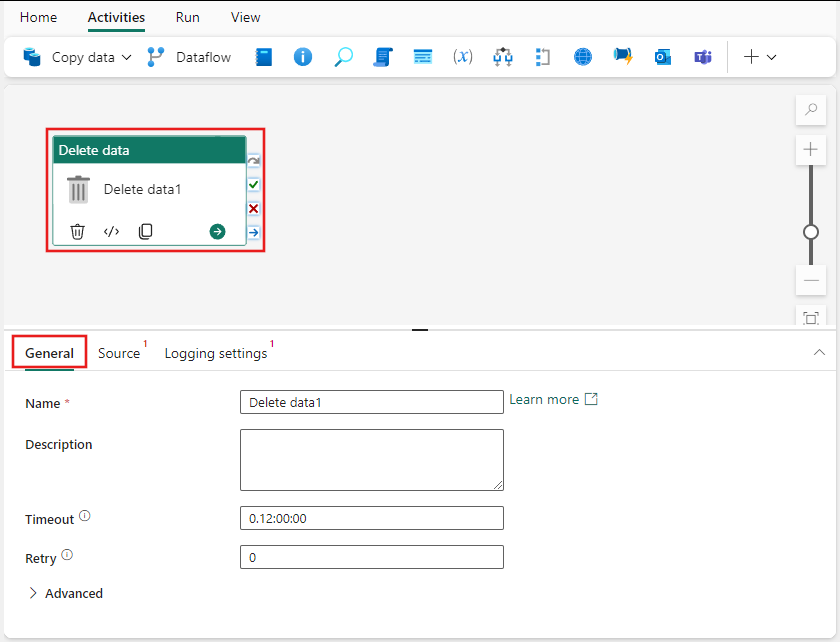 Screenshot: Registerkarte „Allgemeine Einstellungen“ der Löschaktivität für Daten.