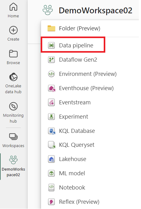 Screenshot: Erstellen einer neuen Datenpipeline