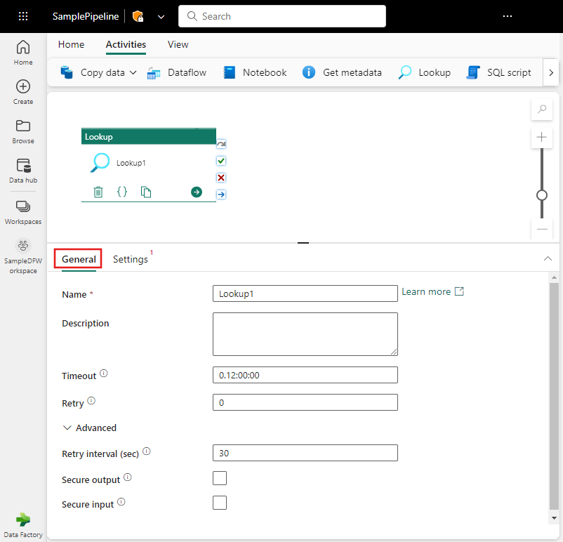 Screenshot: Registerkarte „Allgemeine Einstellungen“ der Lookup-Aktivität.