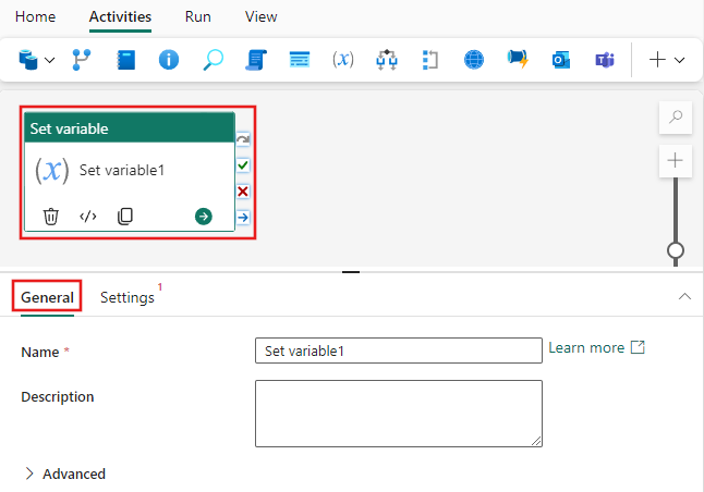 Screenshot: Registerkarte mit den allgemeinen Einstellungen der Aktivität „Variable festlegen”