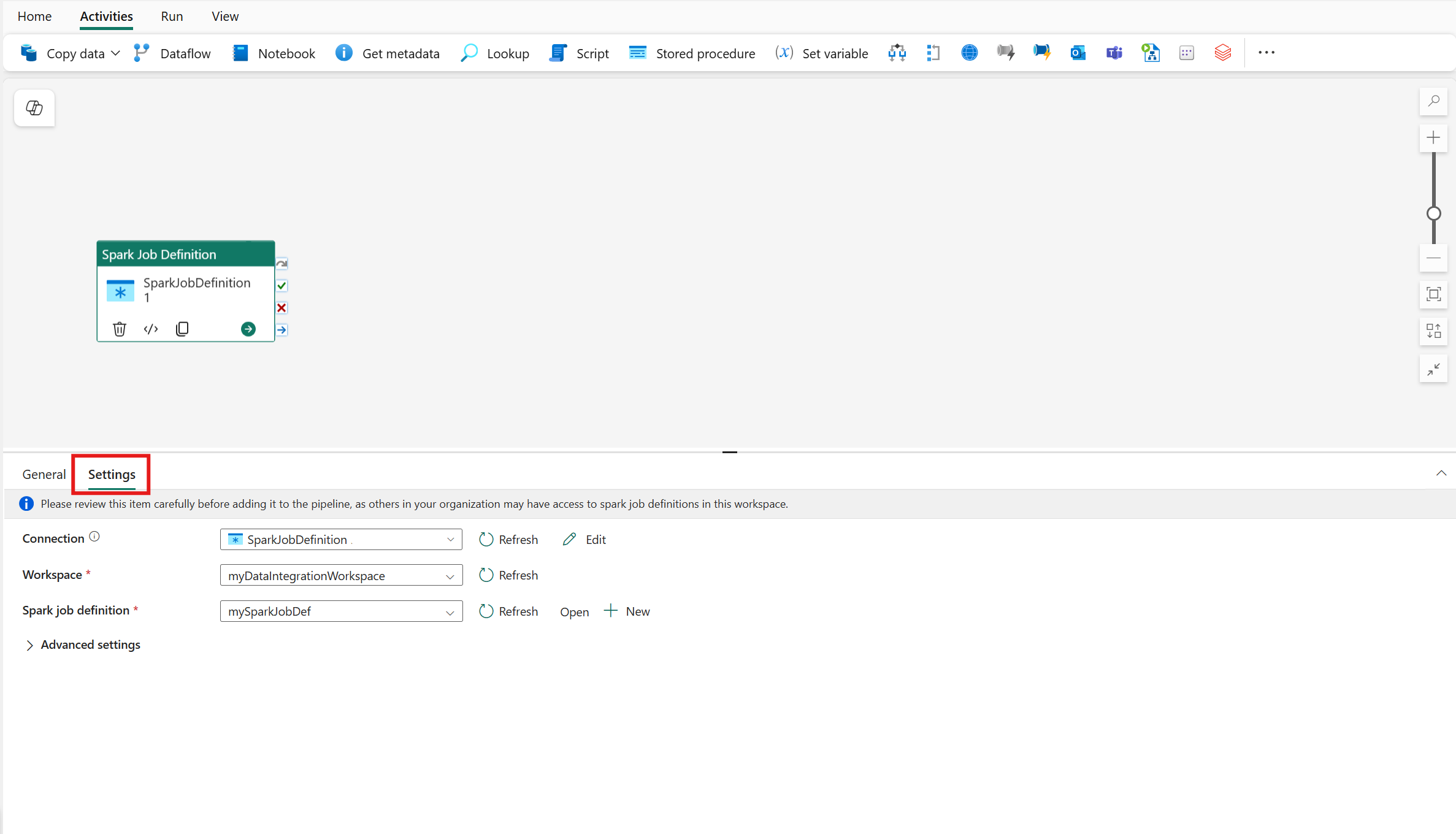 Screenshot der Registerkarte Einstellungen der Eigenschaftenseiten Spark-Auftragsdefinition im Pipeline-Editor-Fenster.