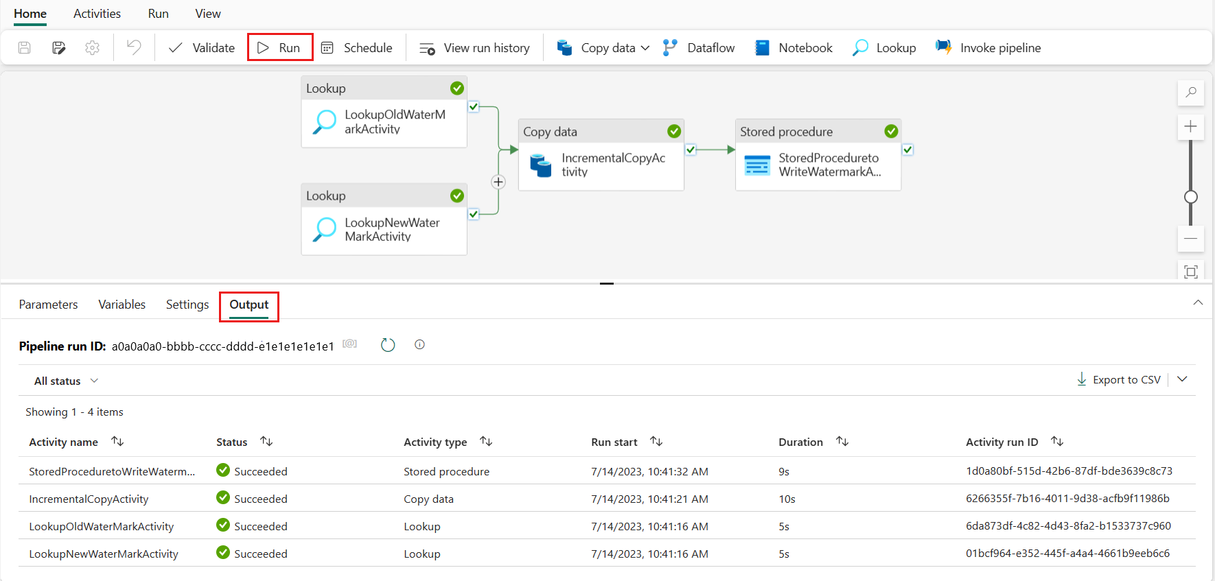 Screenshot der Ergebnisse der Pipelineausführung