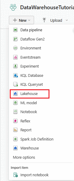 Screenshot des Menüs „+ Neu“ im Fabric-Portal. Das Lakehouse ist rot umrahmt.