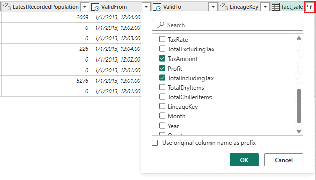 Screenshot: Tabelle mit ausgewählter Option „Zusammenführen“ sowie den ausgewählten Spalten TaxAmount, Profit und TotalIncludingTax