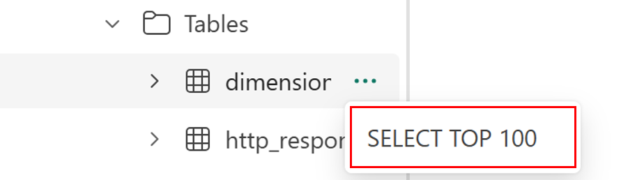 Screenshot der Notebookoberfläche der SQL-Datenbank mit der Option WICHTIGSTE 100 AUSWÄHLEN neben einer Tabelle im Objekt-Explorer.