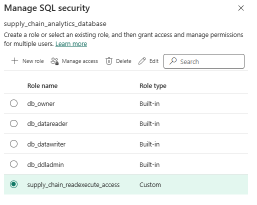 Screenshot der neuen benutzerdefinierten Rolle im Dialogfeld „SQL-Sicherheit verwalten“.