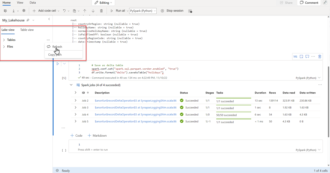 Screenshot showing the Refresh command near the Tables node.