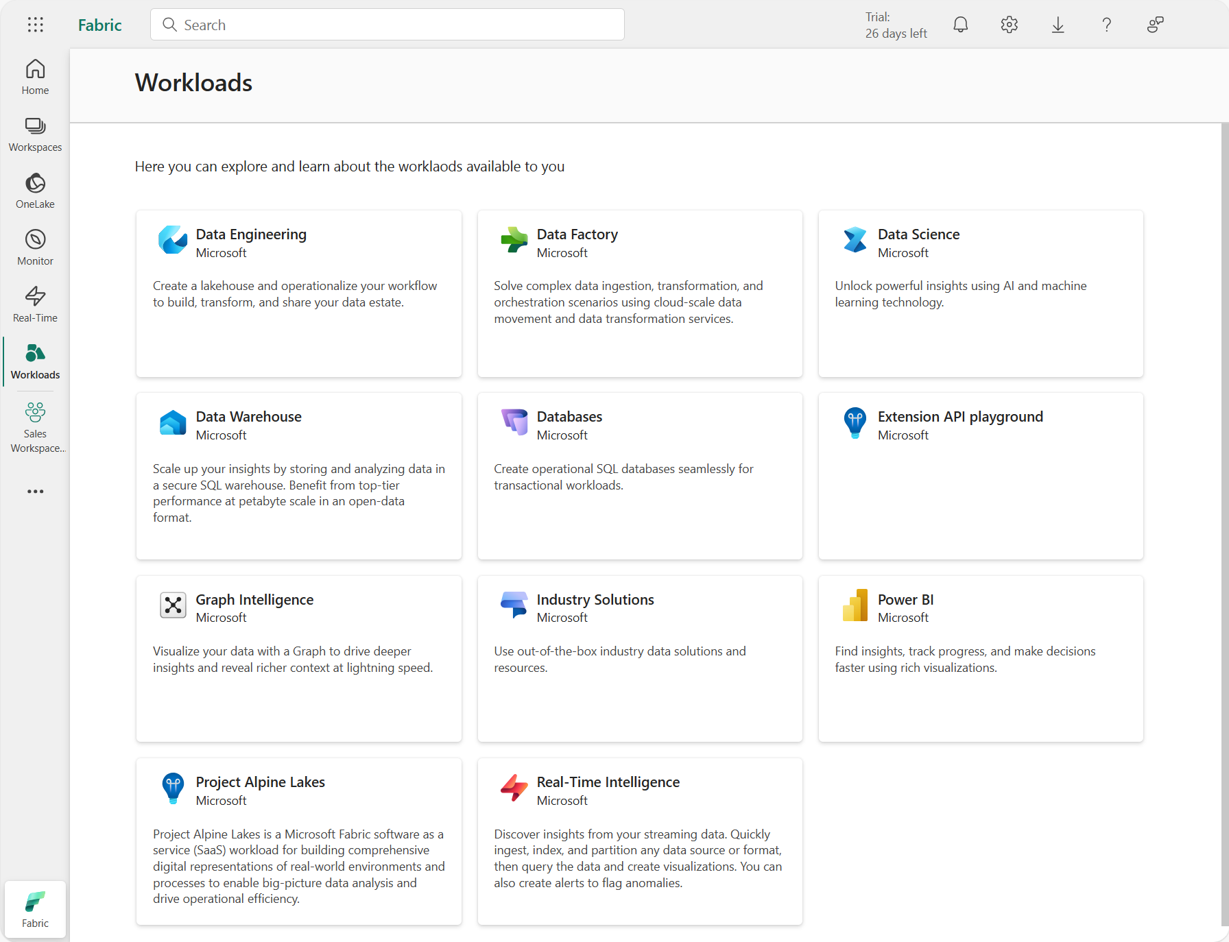 Screenshot der im Navigationsbereich ausgewählten Workloads.