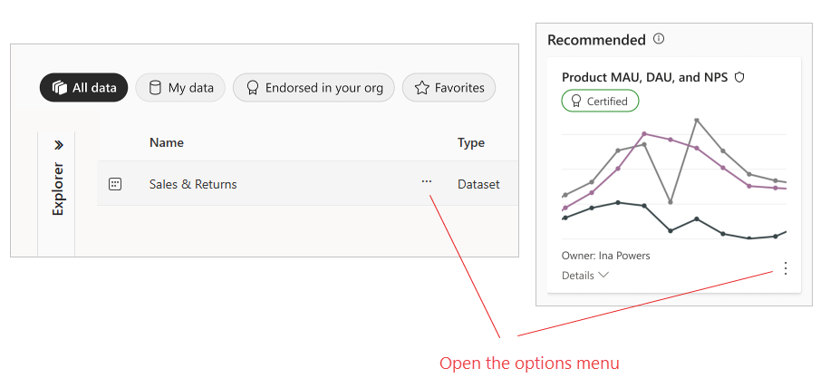 Screenshot des Optionen-Menüs eines Elements im OneLake-Datenhub.